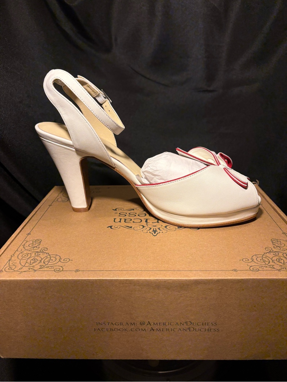 White Peep-Toe Slingback Heels with Red Trim and Bow Accent
